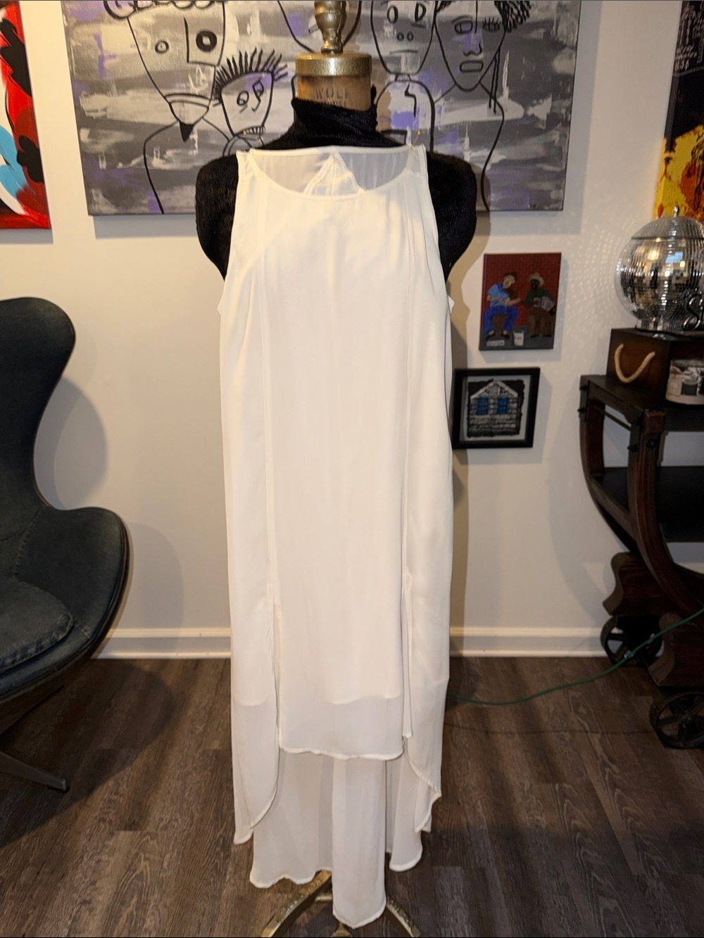BCBG Ivory High-Low Chiffon Layered Halter Dress
